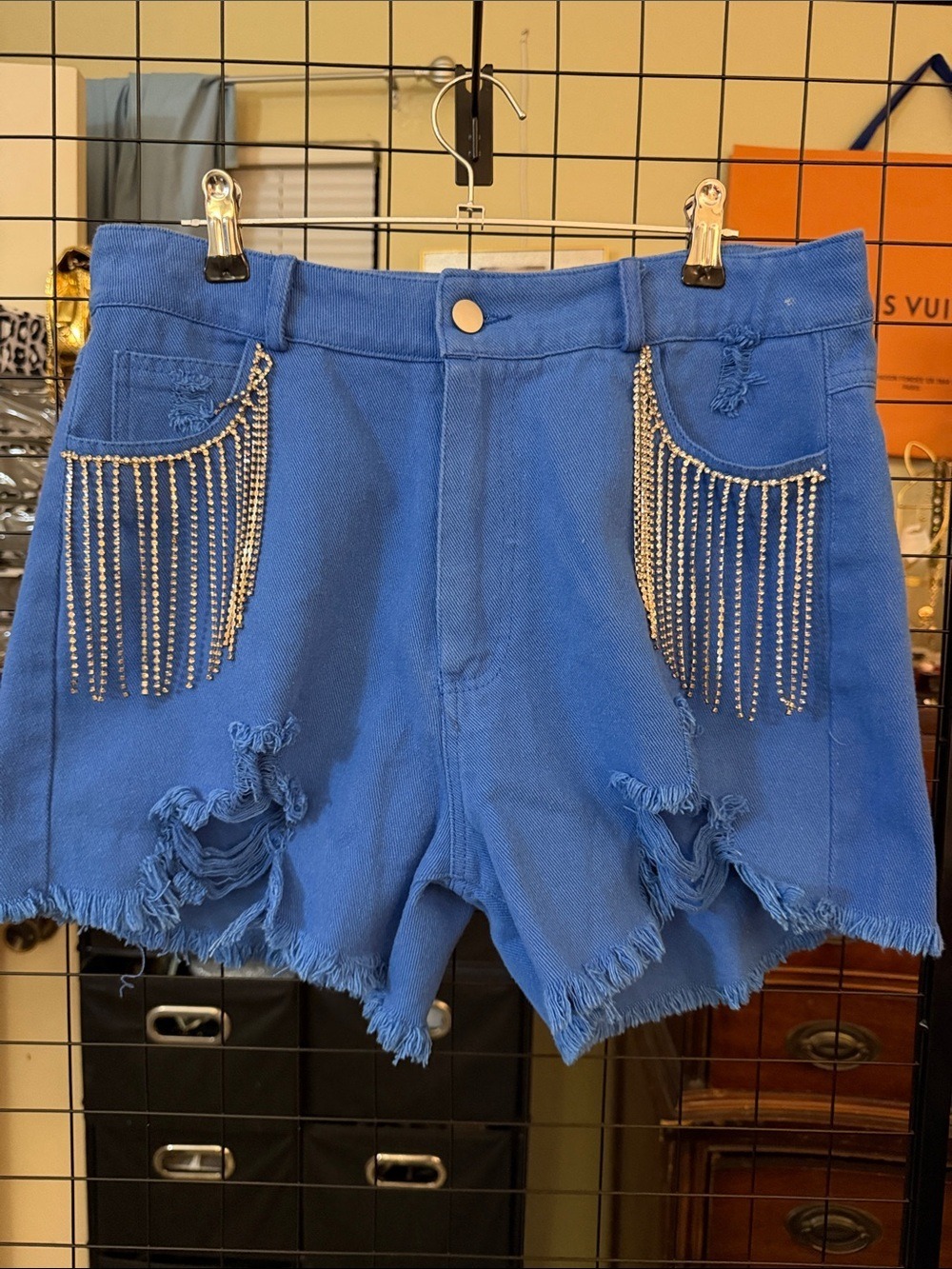 Blue B Collection Royal Blue Rhinestone Fringe Distressed Denim Shorts L NWT